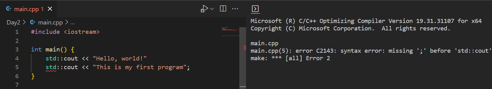 Illustration of the error - missing semicolon