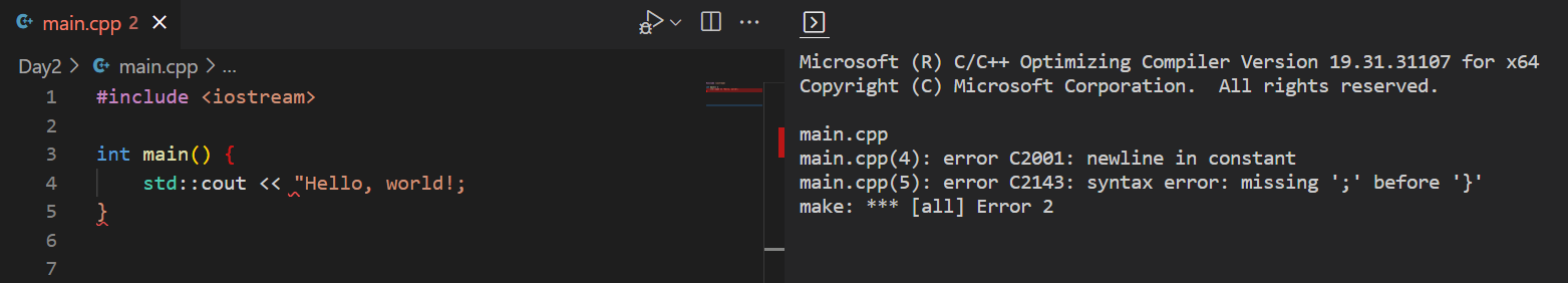 Illustration of the error - missing quote
