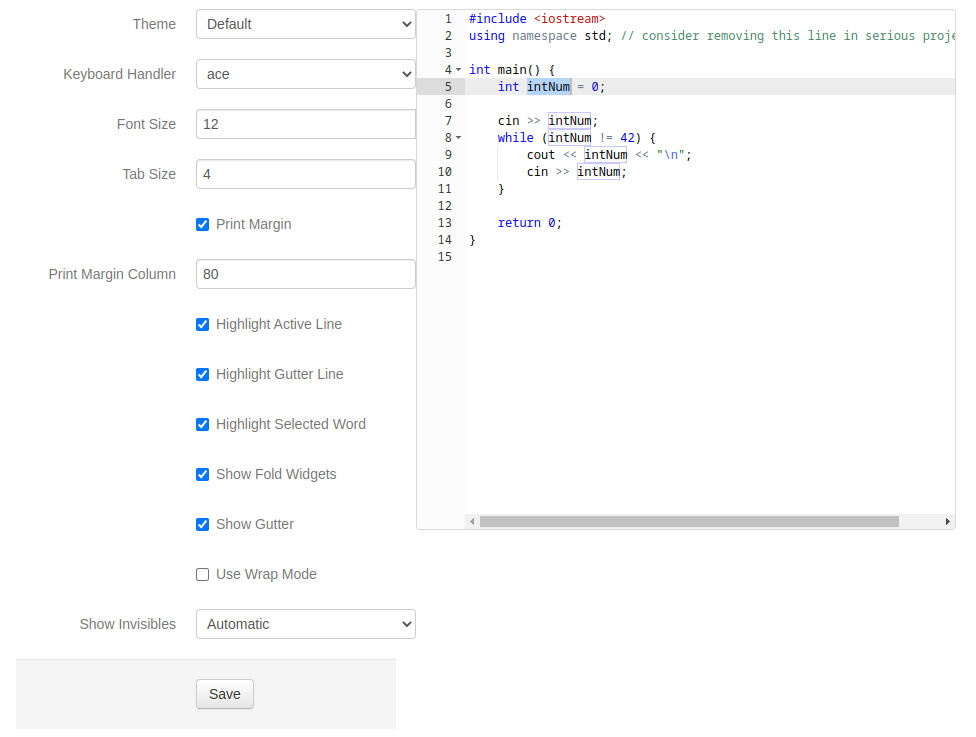 Editor settings view