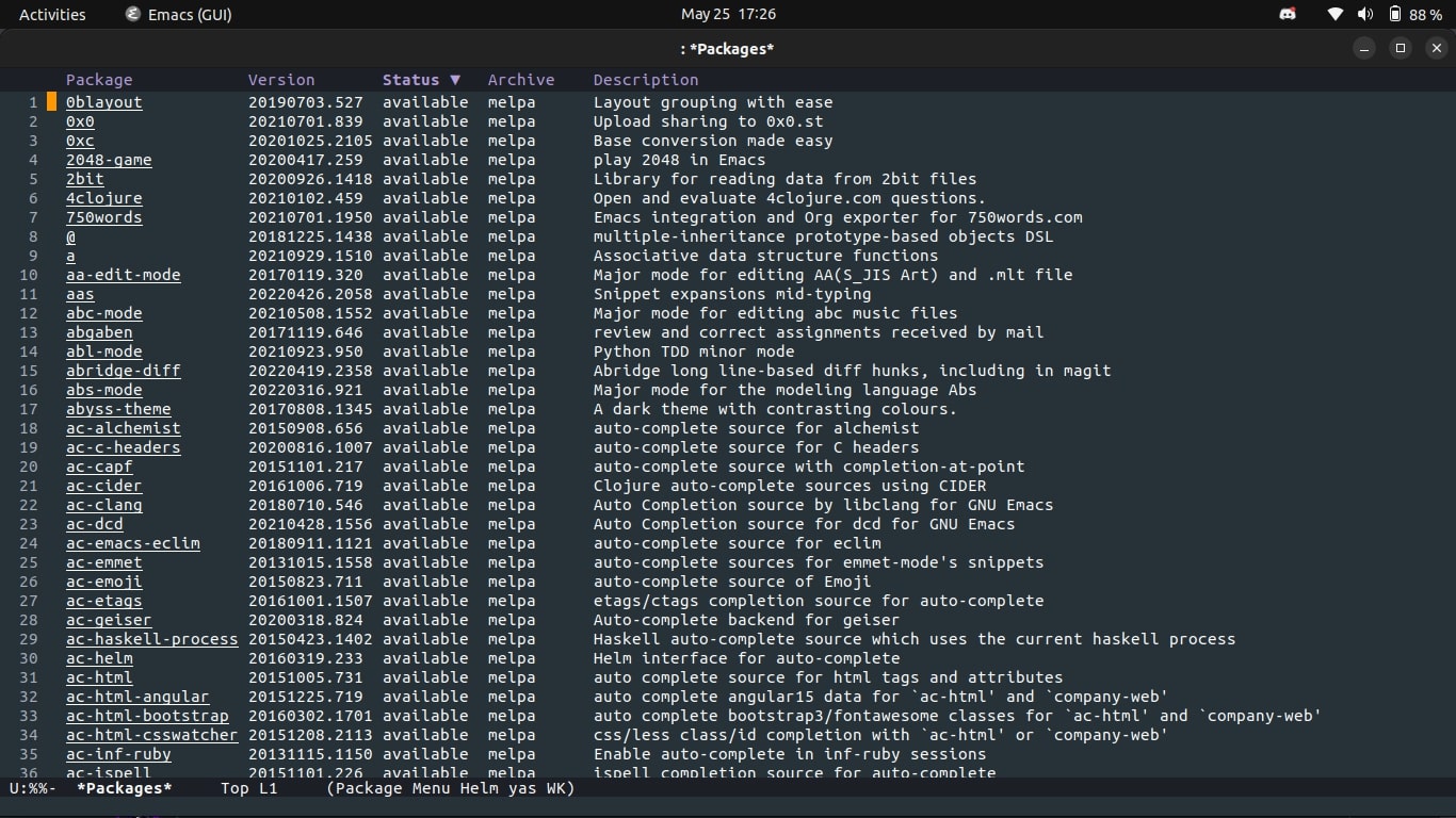 List of packages in Emacs