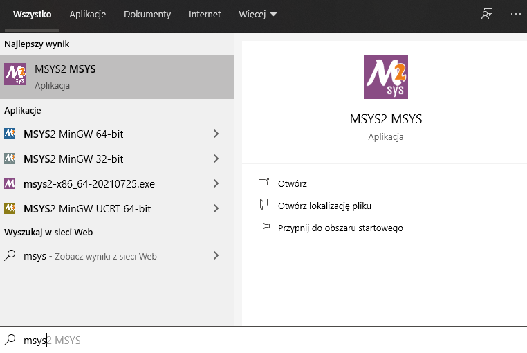 Uruchamianie konsoli MSYS2